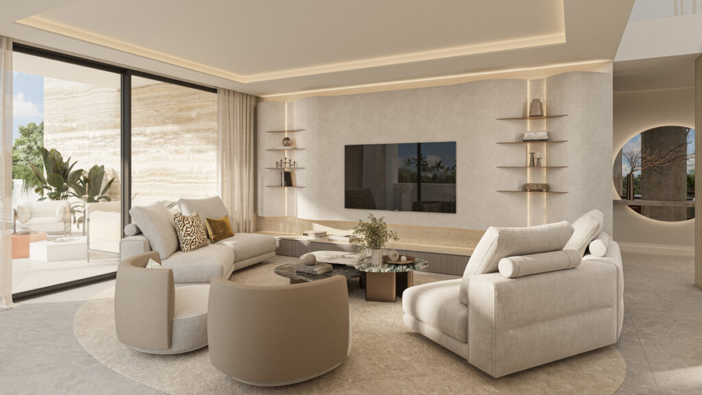 Sotomar by the Sea – Cortijo Blanco - luxury living room with cream sofas, floating shelves and large TV wall