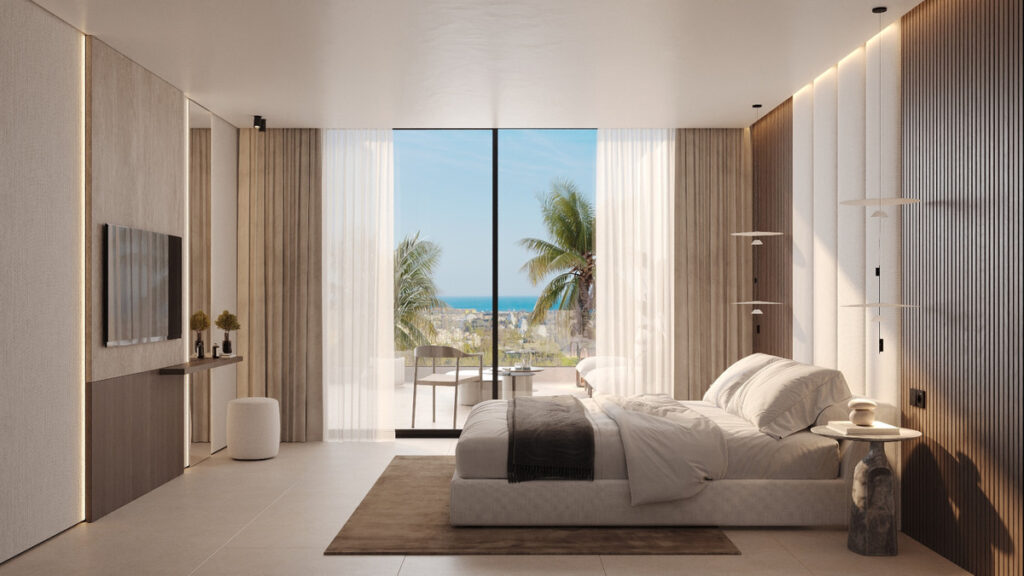 Almina Residences – Estepona - luxury master bedroom with floor-to-ceiling windows and sea views