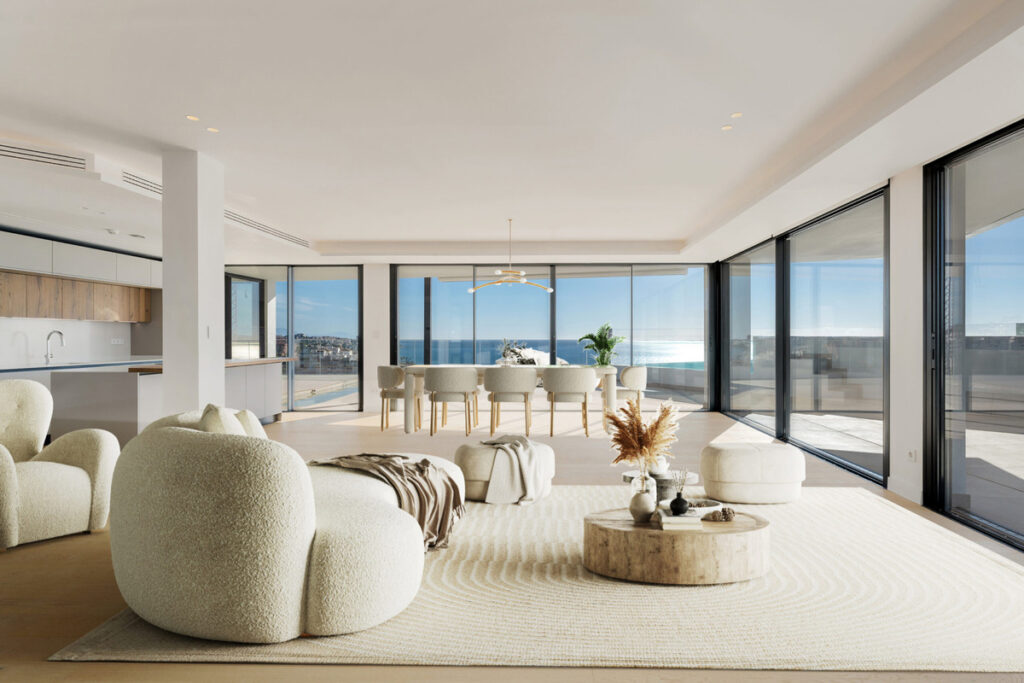 CARAT FASE IV – Fuengirola - bright open-plan living and dining area with floor-to-ceiling glass walls and panoramic sea views