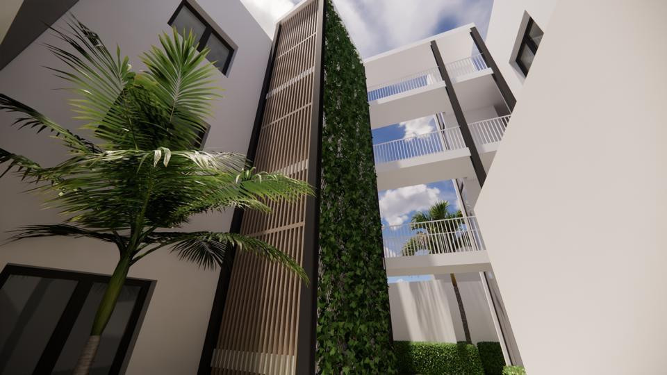 EON de Prosperidad – Málaga Centro - exterior facade with vertical green wall, wooden slat panel, balconies and palm tree