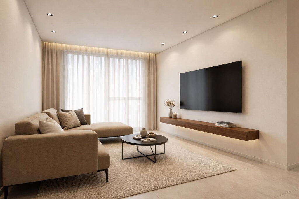 EON de Prosperidad – Málaga Centro - minimalist living room with wall-mounted TV, floating wood shelf and L-shaped sofa