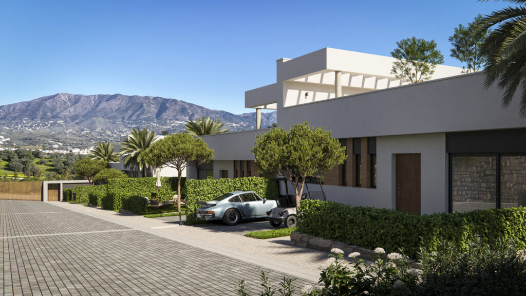 GREEN VALLEY FASE II – Mijas - modern villa exterior with mountain backdrop, Porsche, golf cart and landscaped gardens