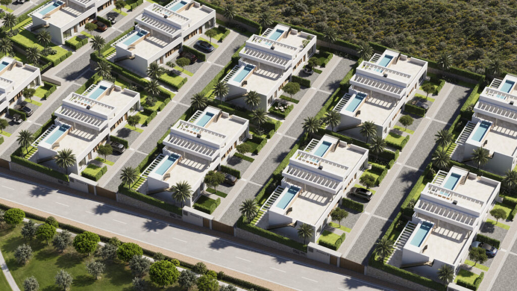 GREEN VALLEY FASE II – Mijas - aerial view of luxury white villas with private pools, palm trees, and landscaped gardens