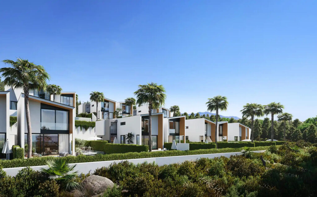 PINE VALLEY VILLAS FASE III – Mijas - luxury modern villas with palm trees, green hedges and mountain backdrop on the Costa del Sol