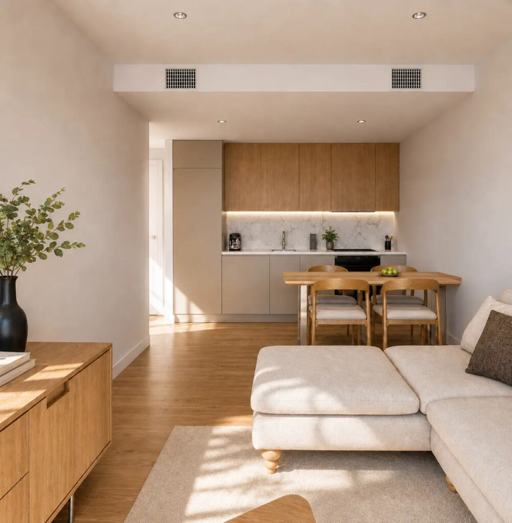 Residencial Serena – Mijas - open-plan living, dining and kitchen area with warm oak cabinetry and natural light