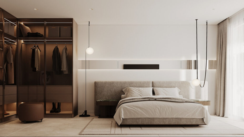 Royal Park Residence – PHASE 2 – New Golden Mile - minimalist master bedroom with open wardrobe, pendant globe lights and upholstered bed