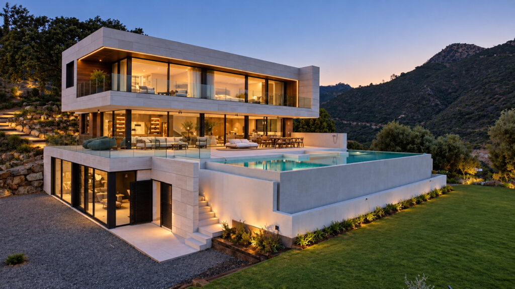THE PRIVILEGE VILLA A4 – Benahavís - modern luxury exterior with infinity pool, terraces and mountain backdrop at dusk