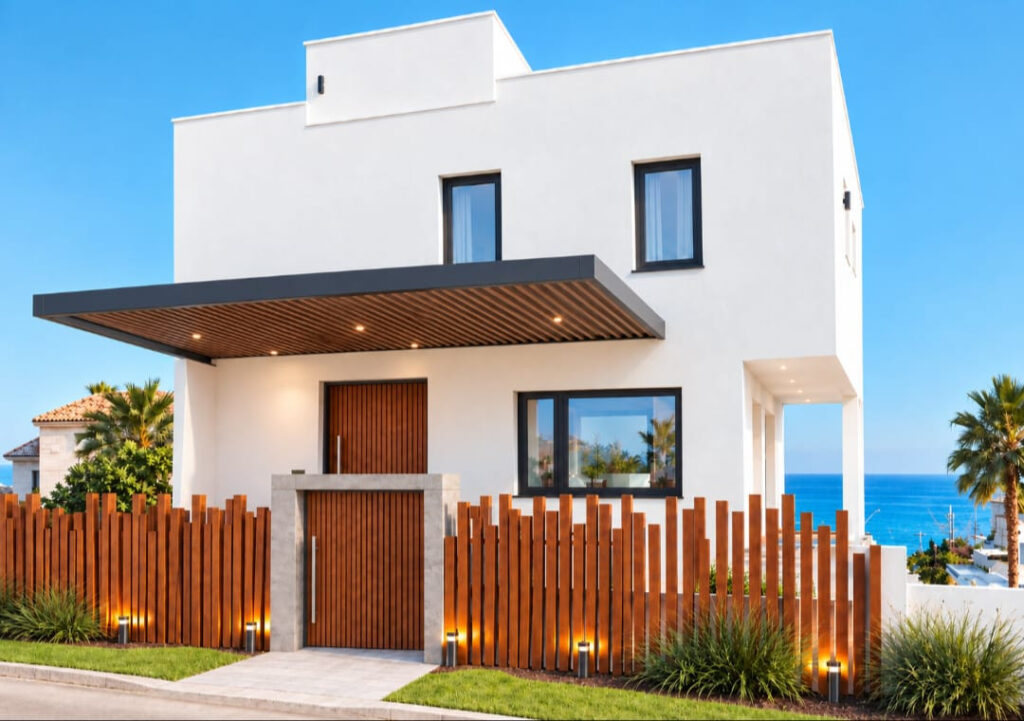 Villa en Benalmádena – Benalmadena - modern white two-storey villa exterior with wooden fence and sea views in Benalmadena, Málaga