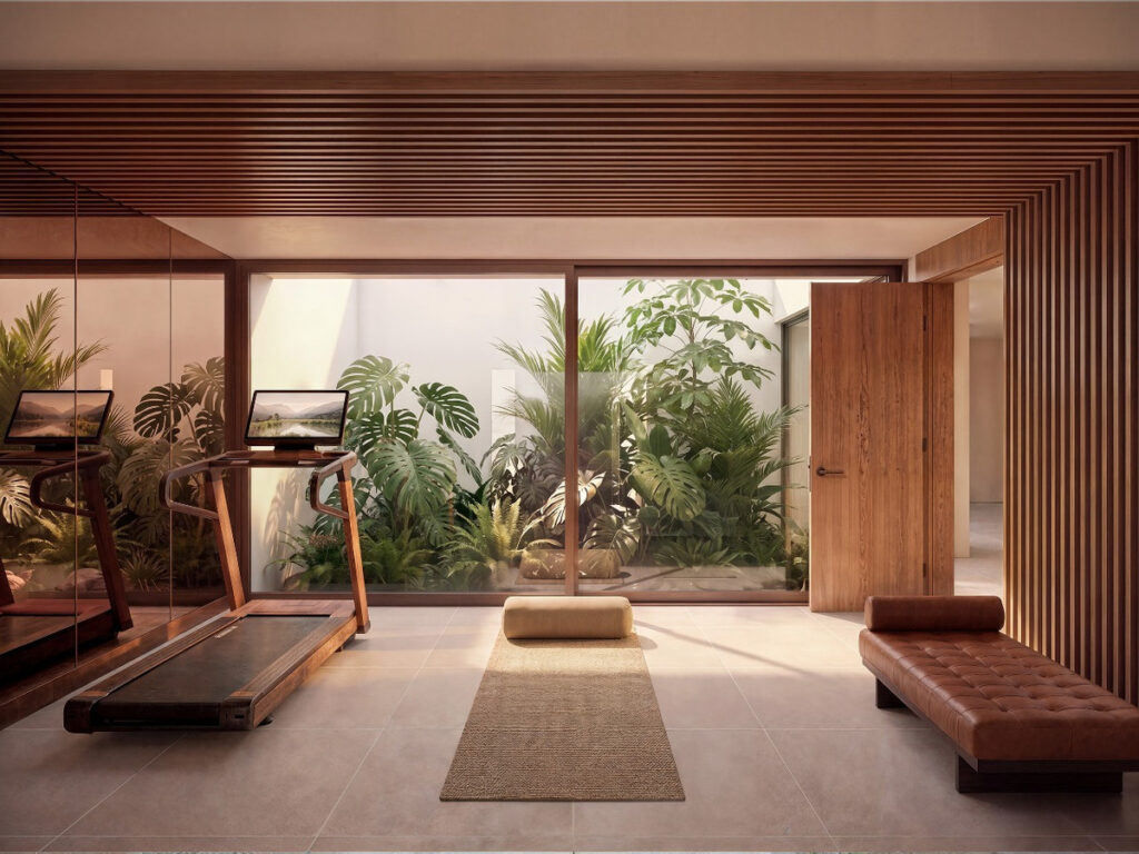 Vitae Villas C9 – Benahavís - luxury home gym with treadmill, yoga mat, tropical courtyard garden and warm walnut wood finishes