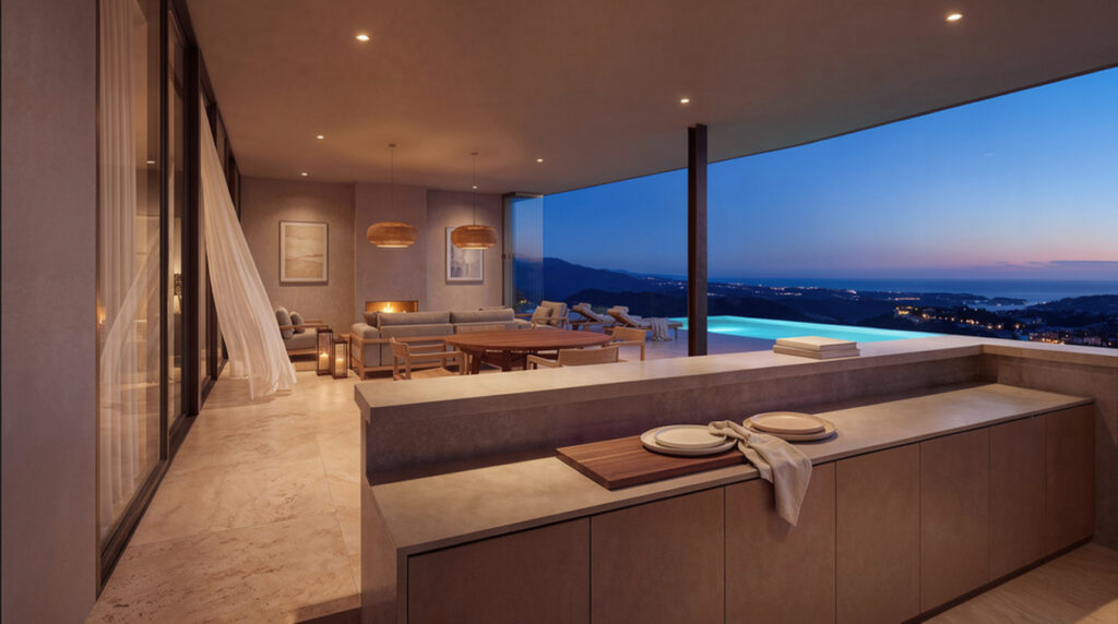 Vitae Villas C9 – Benahavís - open-plan living area with kitchen island, infinity pool terrace and panoramic dusk sea views
